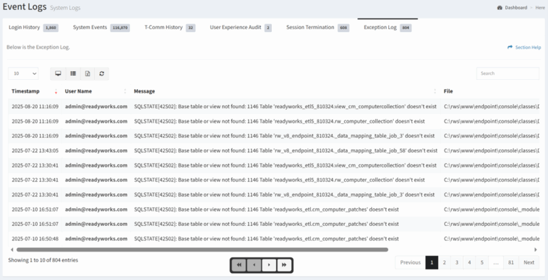 Exception Log – ReadyWorks User Guide